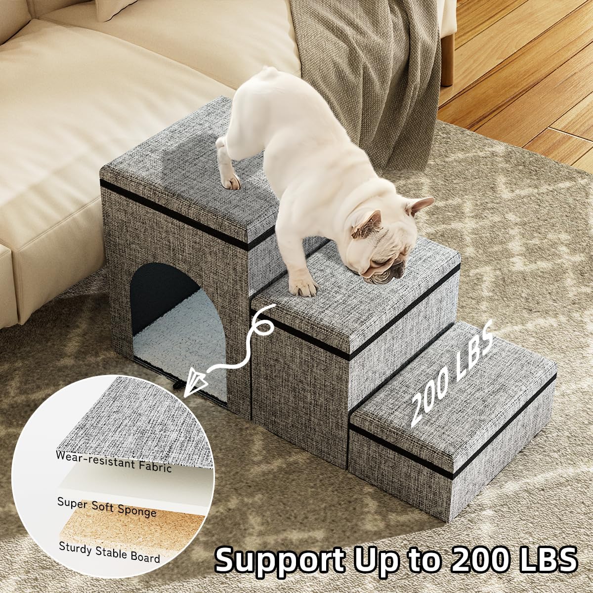 Dog Stairs with Storage, 3-Step Wider Dog Steps with Condo for Dogs and Cats, Pet Stairs for High Bed Climbing, Grey - Pet Explorer