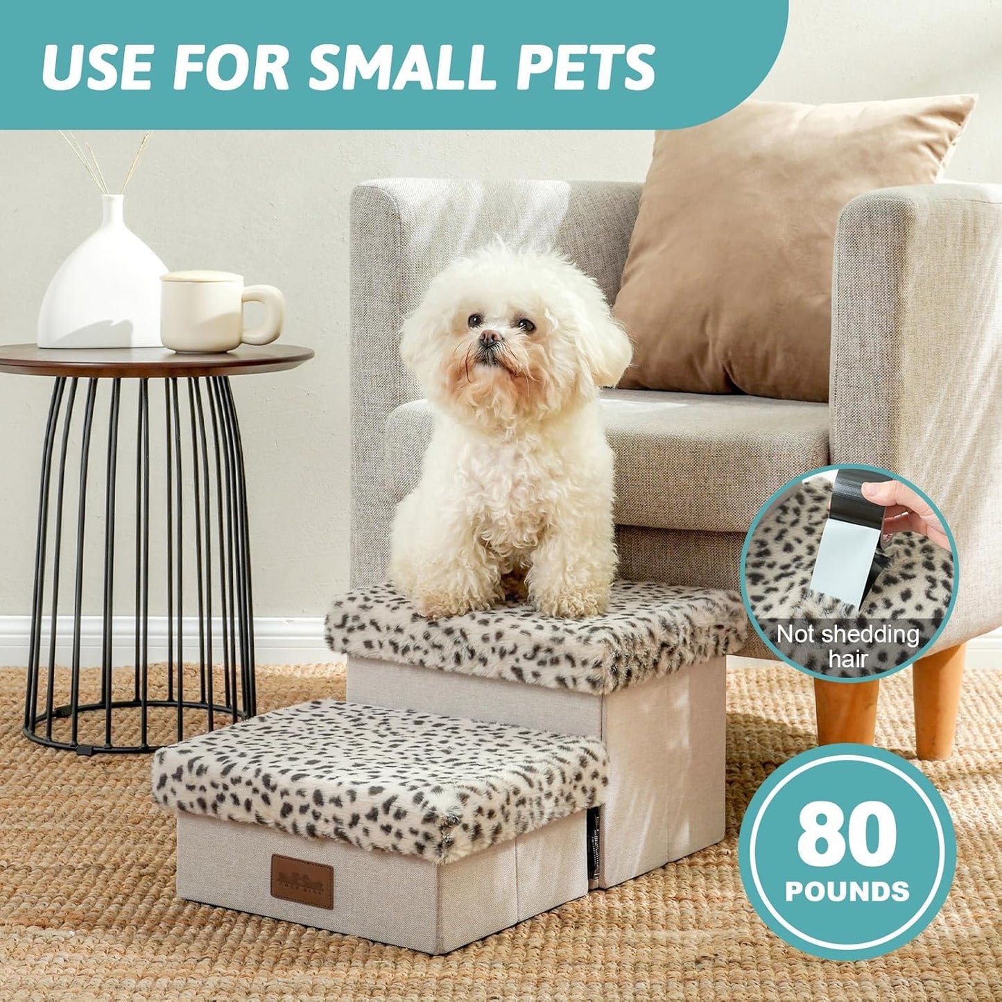 Dog Stair for Small Dogs with Storage, Foldable Pet Stairs for Medium or Puppy Dogs and Older Cats, Dog Steps for Bed or Couch with Soft Cover, 19.7x13x9.6 inch, 2 Tiers, Leopard - Pet Explorer