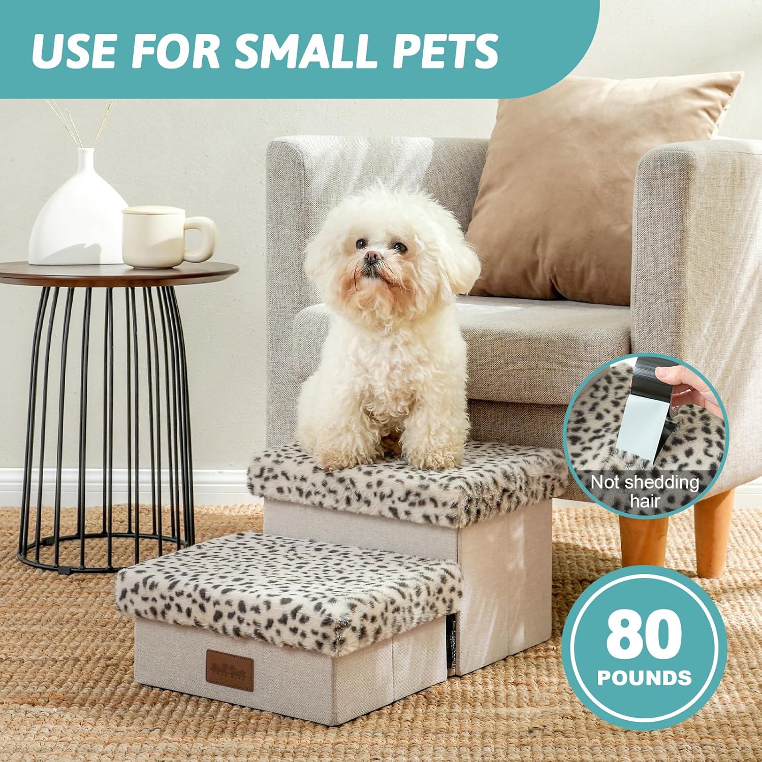 Dog Stair for Small Dogs with Storage, Foldable Pet Stairs for Medium or Puppy Dogs and Older Cats, Dog Steps for Bed or Couch with Soft Cover, 19.7x13x9.6 inch, 2 Tiers, Leopard - Pet Explorer