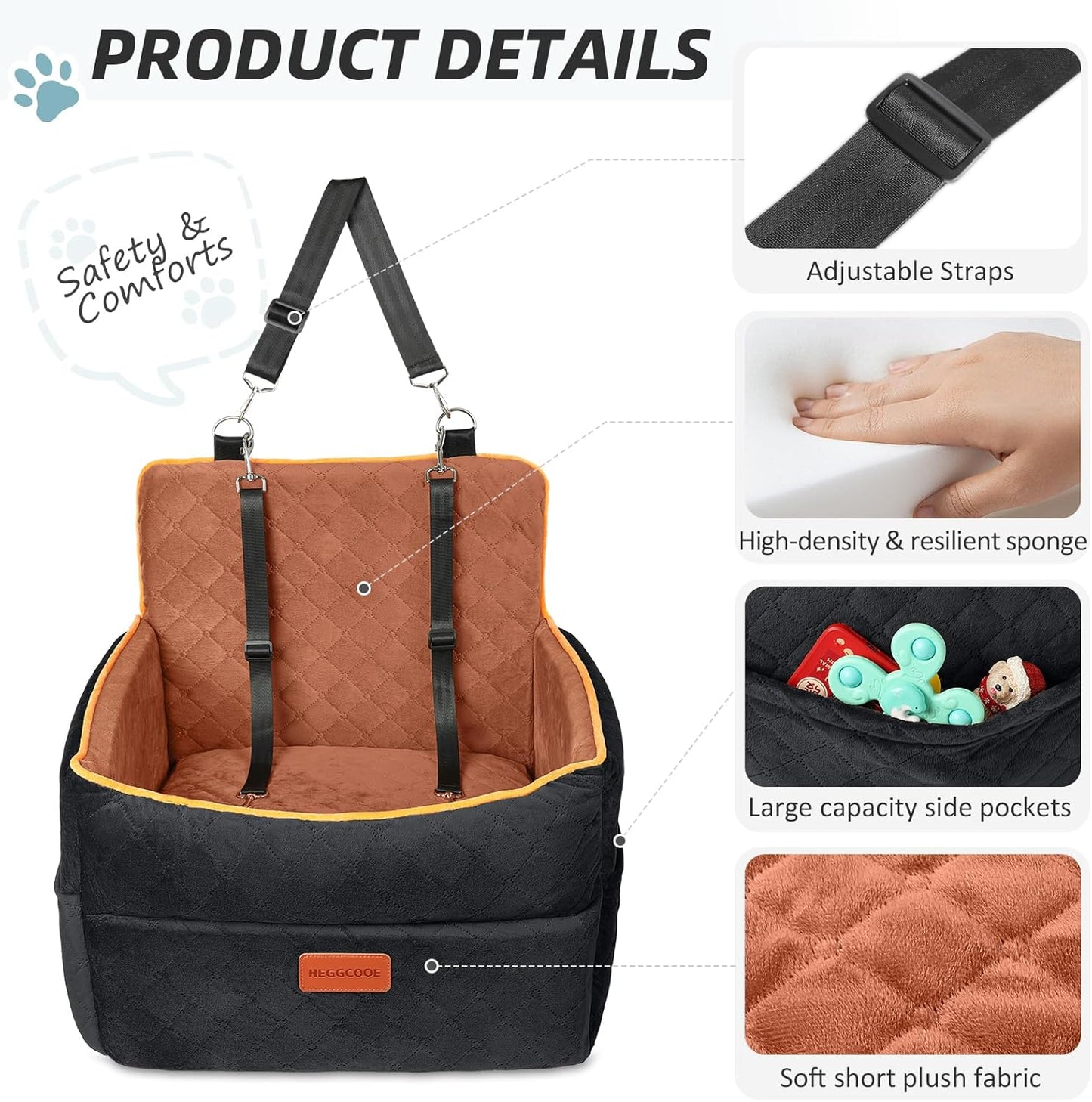 Small Dog Car Seat, Memory Foam Dog Booster Seats with Thick Cushion for Medium Dogs Under 35lbs, Detachable Washable Pet Car Seat Travel Bed with Storage Pockets,2 Safety Belts - Pet Explorer