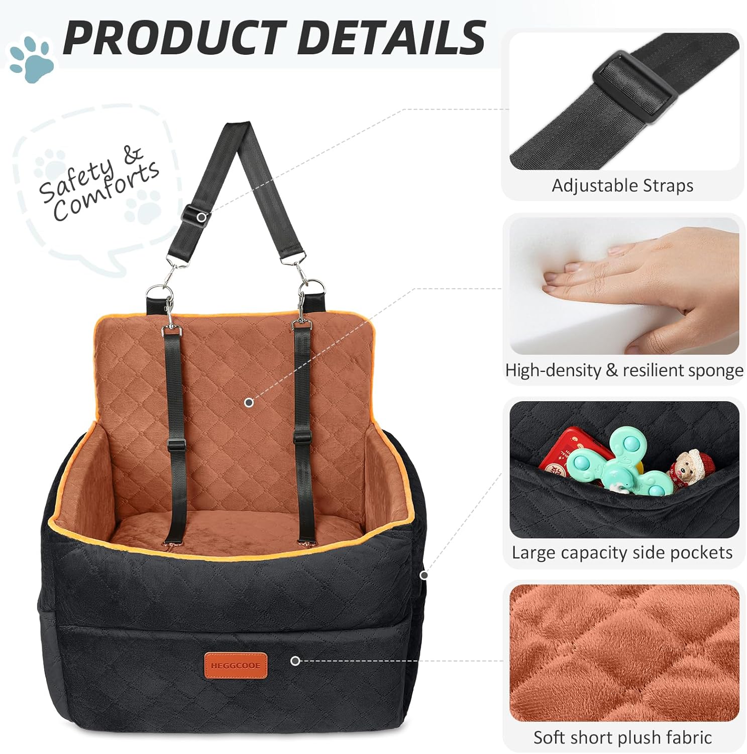 Small Dog Car Seat, Memory Foam Dog Booster Seats with Thick Cushion for Medium Dogs Under 35lbs, Detachable Washable Pet Car Seat Travel Bed with Storage Pockets,2 Safety Belts - Pet Explorer