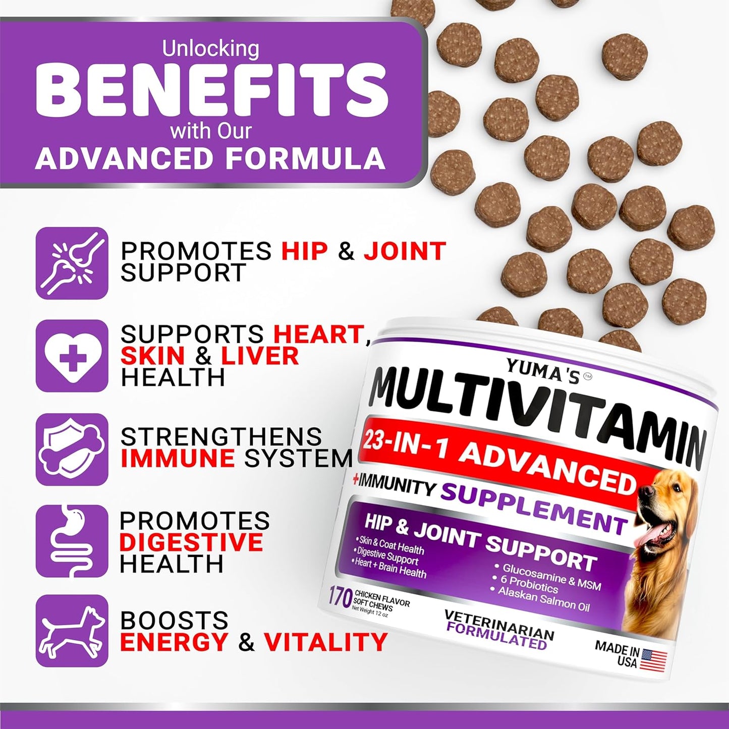 Dog Multivitamin Chewable with Glucosamine - Dog Vitamins and Supplements - 170 Treats - Senior & Puppy Multivitamin for Dogs - Hip & Joint Support - Immune Health, Skin, Heart, Digestion, Probiotics - Pet Explorer