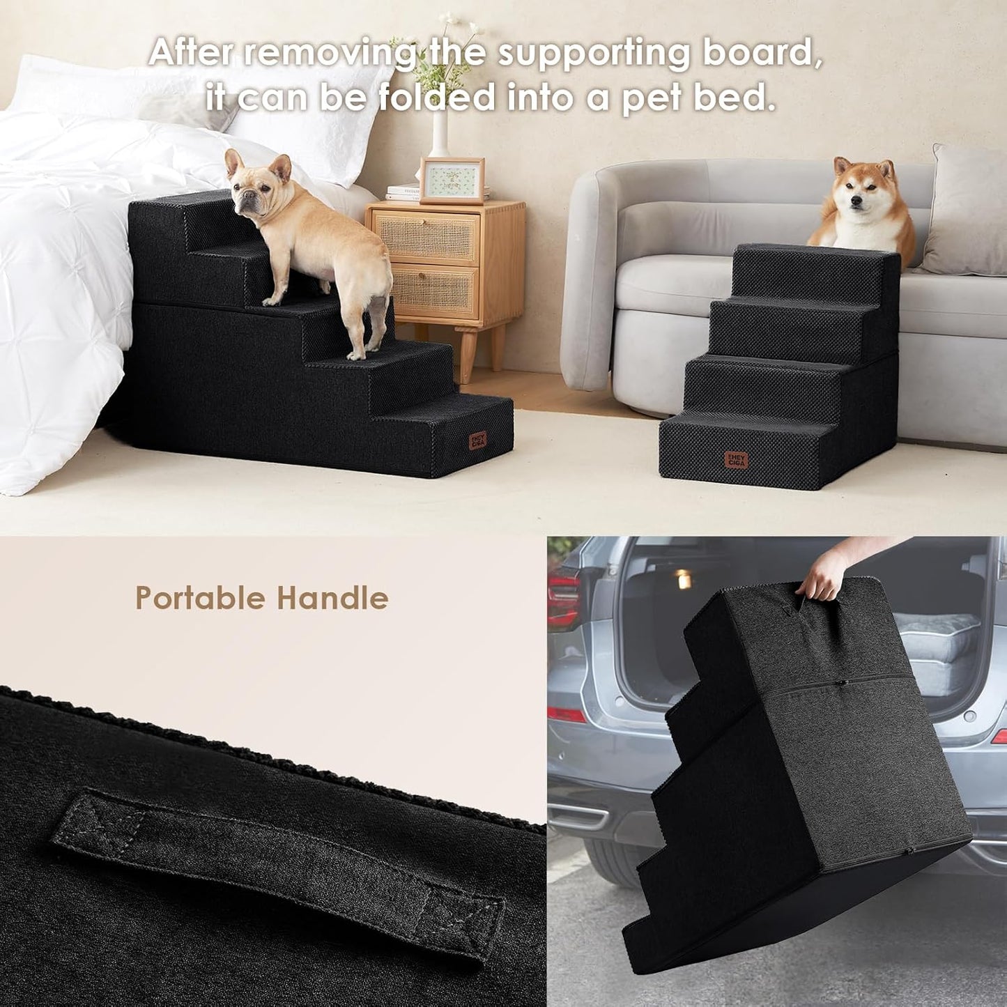 EHEYCIGA Dog Stairs for High Bed 25" H, 5-Step Extra Wide Dog Steps for Bed, Pet Steps for Small Dogs and Cats, Non-Slip Balanced Pet Ramp Indoor, Black - Pet Explorer
