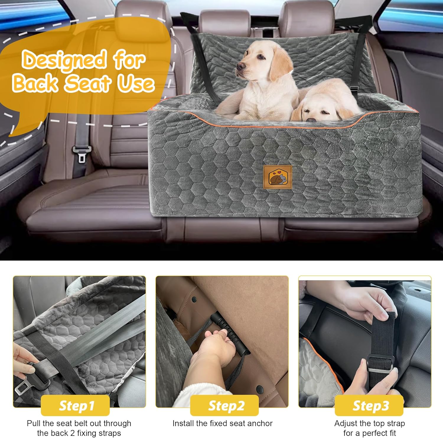 Dog Car Seat for Medium/Large Dog Booster Seat Under 60 lbs or 2 Small Dogs, Multi-Functional Pet Car Seat with Thick Cushion, 2 Safety Leashes (Gray) - Pet Explorer