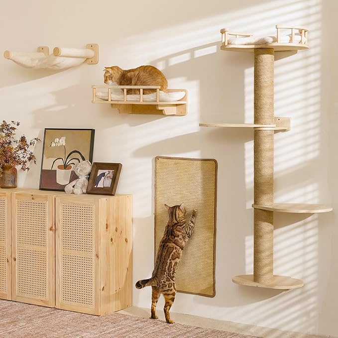 FUKUMARU Cat Wall Shelves, 4 in 1 Stable Wooden Wall-Mounted Furniture Set, Climbing Tree with Hammock, Bed, Perch and Scratching Mat (Beige)