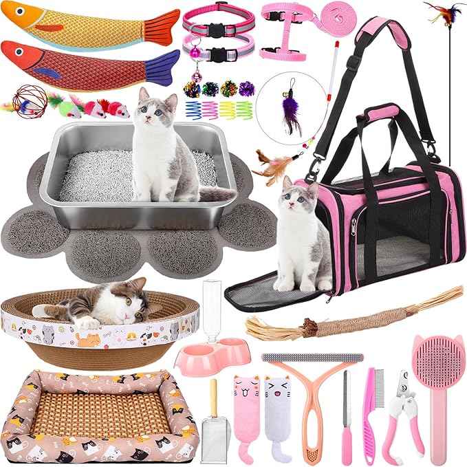 38 Pcs Kitten Supplies Starter Kit Cat Essentials Set Include Cat Scratcher Cardboard Stainless Steel Litter Box Bed Carrier Kitten Toys Accessories for Welcome Gift Supplies