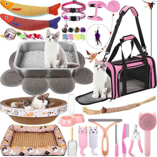 38 Pcs Kitten Supplies Starter Kit Cat Essentials Set Include Cat Scratcher Cardboard Stainless Steel Litter Box Bed Carrier Kitten Toys Accessories for Welcome Gift Supplies