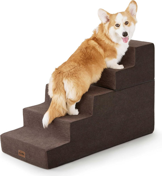 Made4Pets Dog Stairs for High Bed, Extra Wide Pet Stairs for Bed Couch Sofa, 35D Foam Pet Steps for Small Dogs and Cats, Non-Slip Bottom Dog Steps, Brown, 5 Steps - Pet Explorer