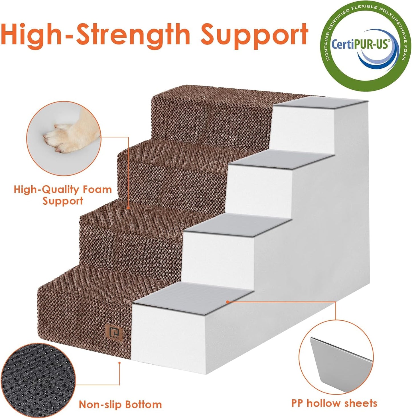 EHEYCIGA Dog Stairs for Bed 20" H, 4-Step Extra Wide Dog Steps for High Bed, Pet Steps for Small Dogs and Cats, Non-Slip Balanced Pet Ramp Indoor, Brown - Pet Explorer