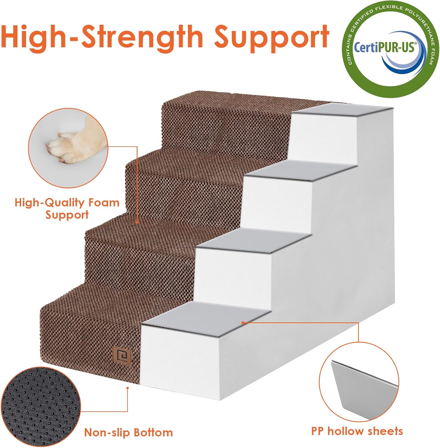 EHEYCIGA Dog Stairs for Bed 20" H, 4-Step Extra Wide Dog Steps for High Bed, Pet Steps for Small Dogs and Cats, Non-Slip Balanced Pet Ramp Indoor, Brown - Pet Explorer