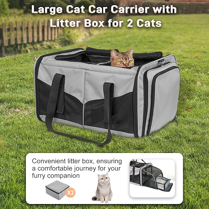 Large Cat Carrier for 2 Cats, Expandable Cat Carrier with Litter Box, Pet Carrier for Car Travel Built-in Removable Divider, Foldable Soft Cat Crate with Breathable Mesh with Breathable Mesh, Grey
