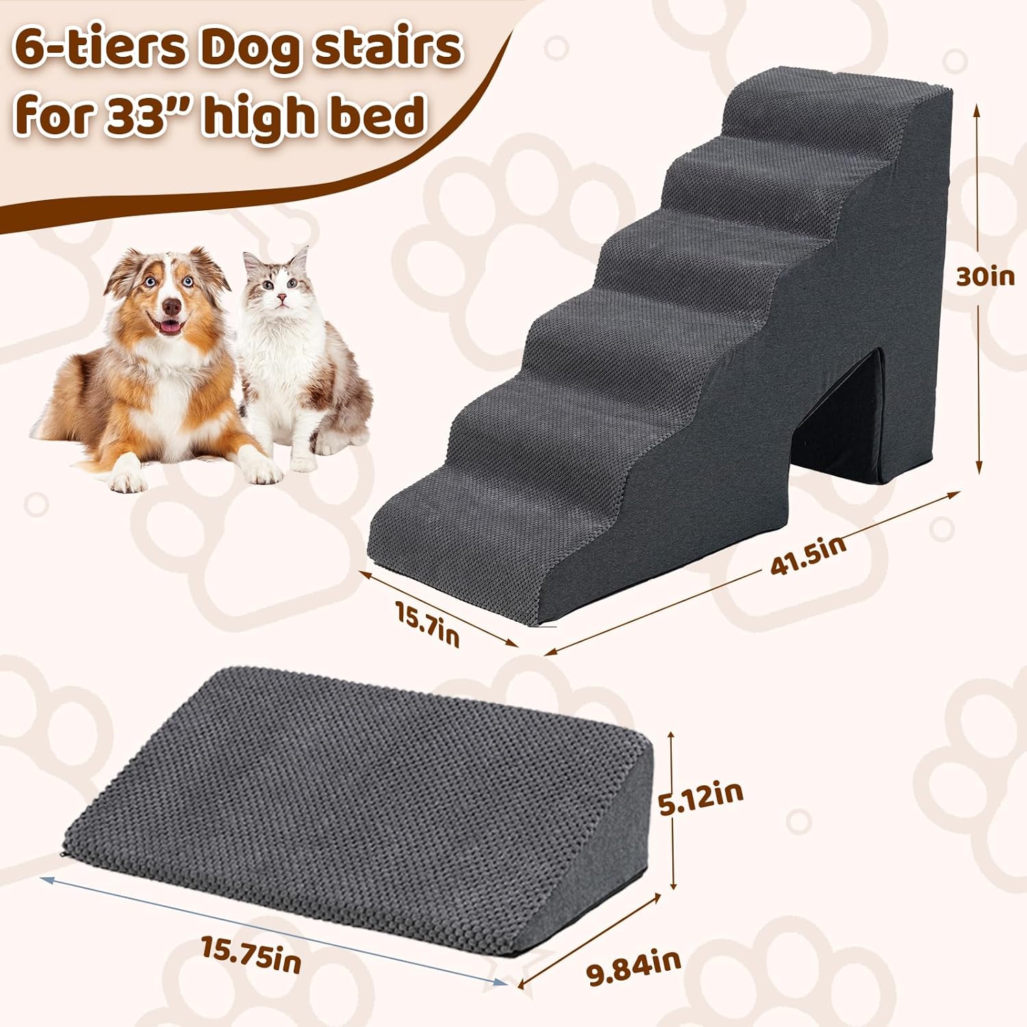 Dog Stairs & Steps Ramps for High Beds 30 inches High Tall, LitaiL 6 Step Pet Stairs Steps for Small Large Dogs, Non-Slip Dog Ramps with 3 Pack Ramps for Staircase - Pet Explorer