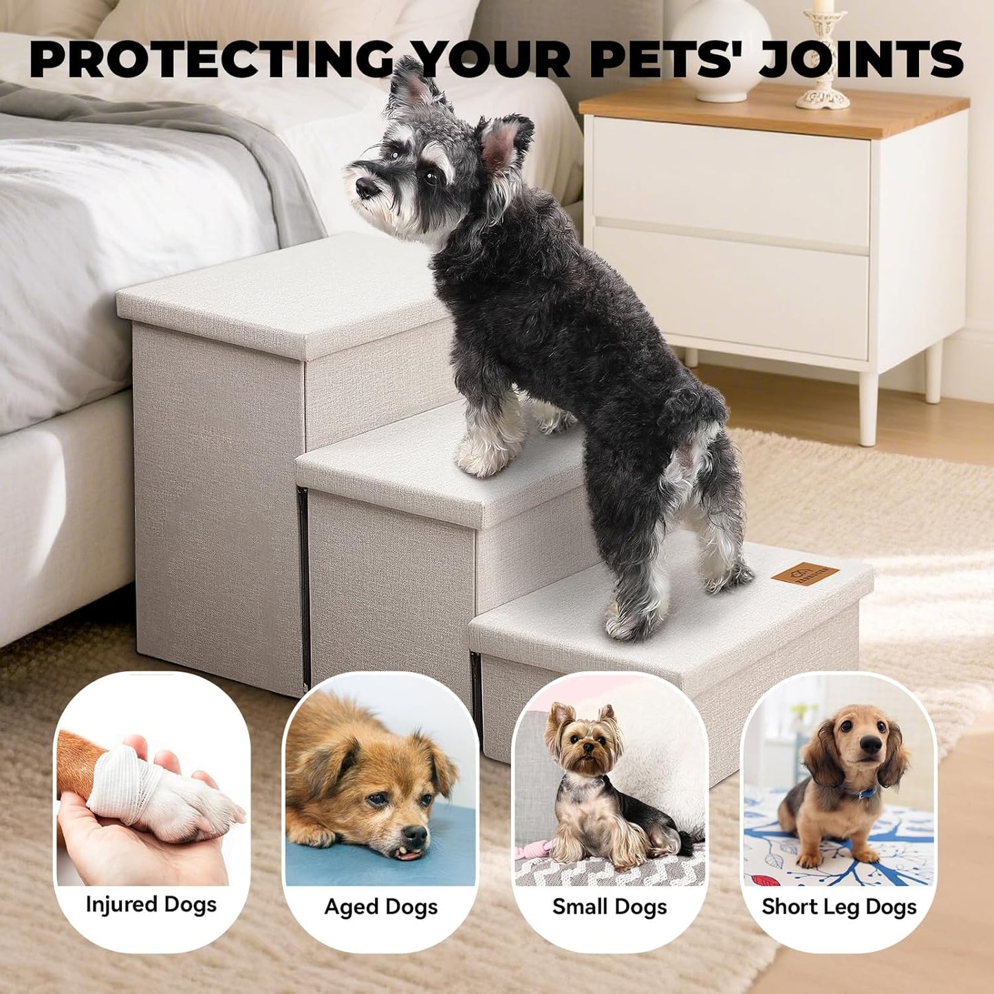 Dog Stairs with Storage 18" H, 3-Step Wider Dog Steps for Small/Medium/Large Old Dogs Cats, Folding Sturdy Pet Stairs Climbing Bed or Couch, Ramp for Car Up to 200 lbs (Beige, No Condo) - Pet Explorer