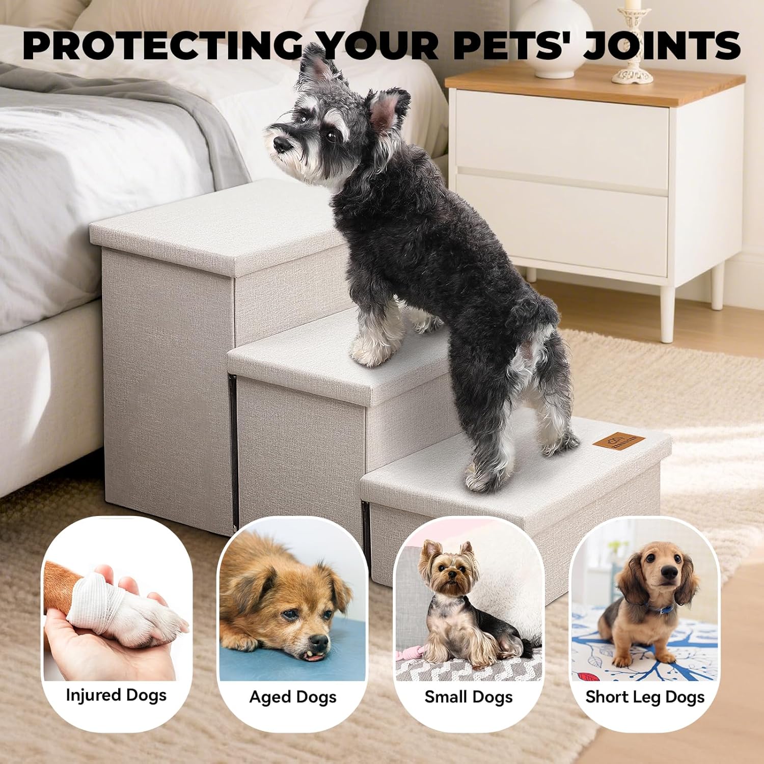 Dog Stairs with Storage 18" H, 3-Step Wider Dog Steps for Small/Medium/Large Old Dogs Cats, Folding Sturdy Pet Stairs Climbing Bed or Couch, Ramp for Car Up to 200 lbs (Beige, No Condo) - Pet Explorer