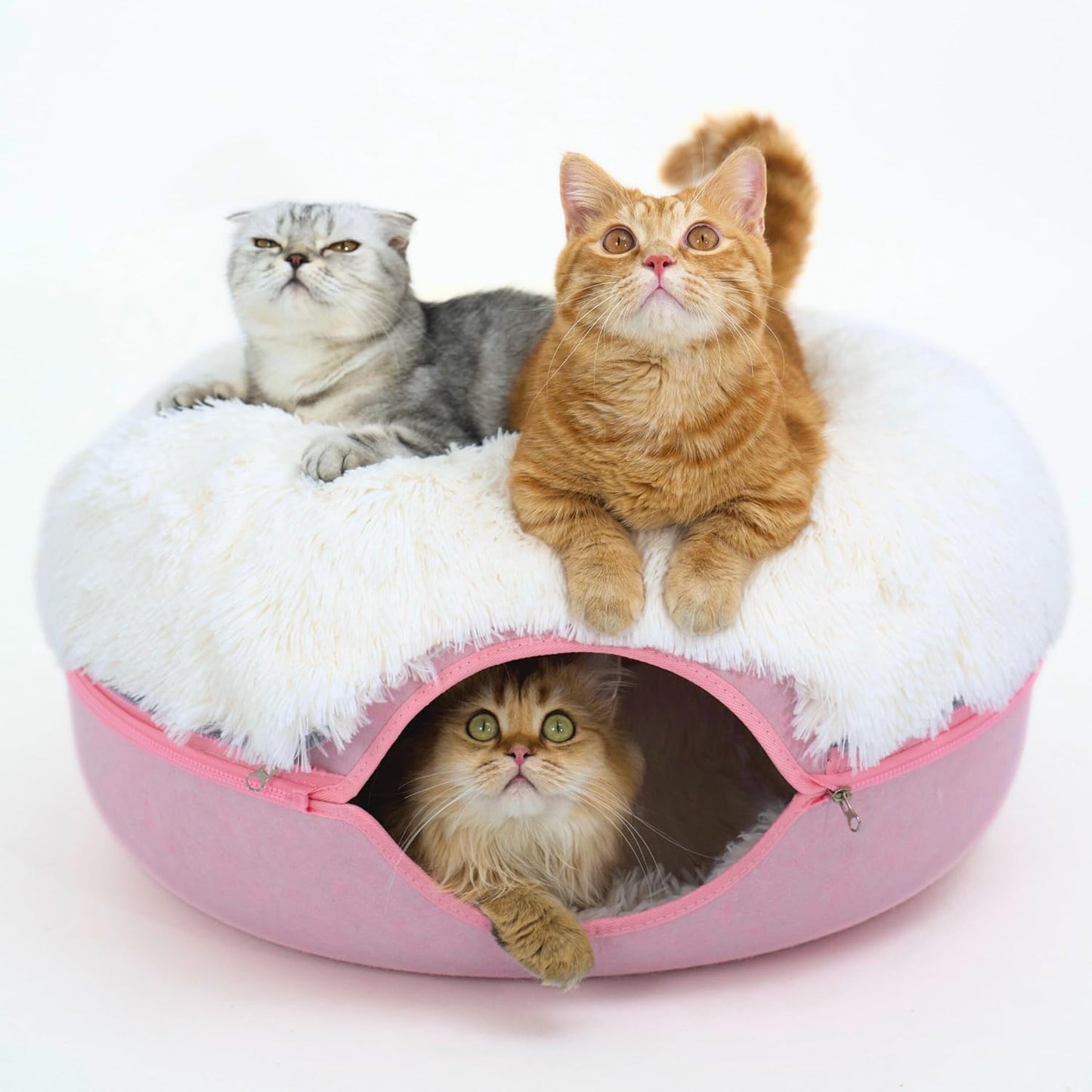 CATTASAURUS Peekaboo Cat Cave for Multiple & Large Cats Up to 30-45 Lbs, Fluffy Cat Beds for Indoor Cats, Scratch Detachable & Washable Tunnel Bed, Comfy Donut Cat Cave (Pink, Large (Calming)) - Pet Explorer