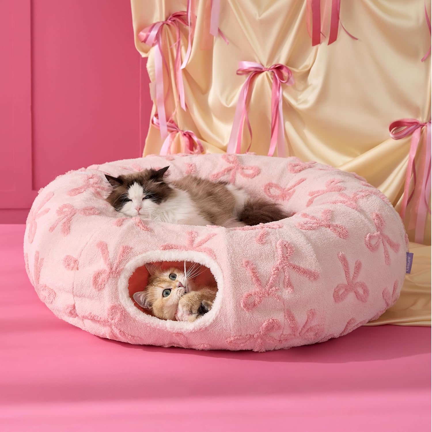 Lesure Cat Tunnel Bed for Indoor Cats - Cute Cat Donut Tunnel Toys with Washable Circle Cushion, Round Pet Peekaboo Cave Toy for Kitten/Puppy/Rabbit, Standard Pink Taffy - Pet Explorer