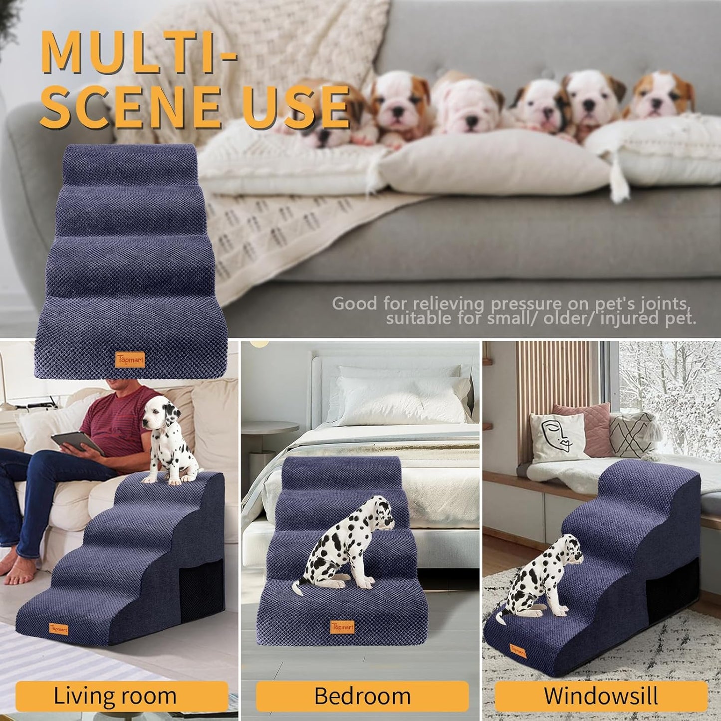 Topmart High Density Foam Dog Steps 4 Tiers,Extra Wide Deep Pet Steps,Non-Slip Dog Stairs Ramp for Bed,Soft Foam Cat Ladder,Best for Older Injured,Older Pets,Cats with Joint Pain - Pet Explorer