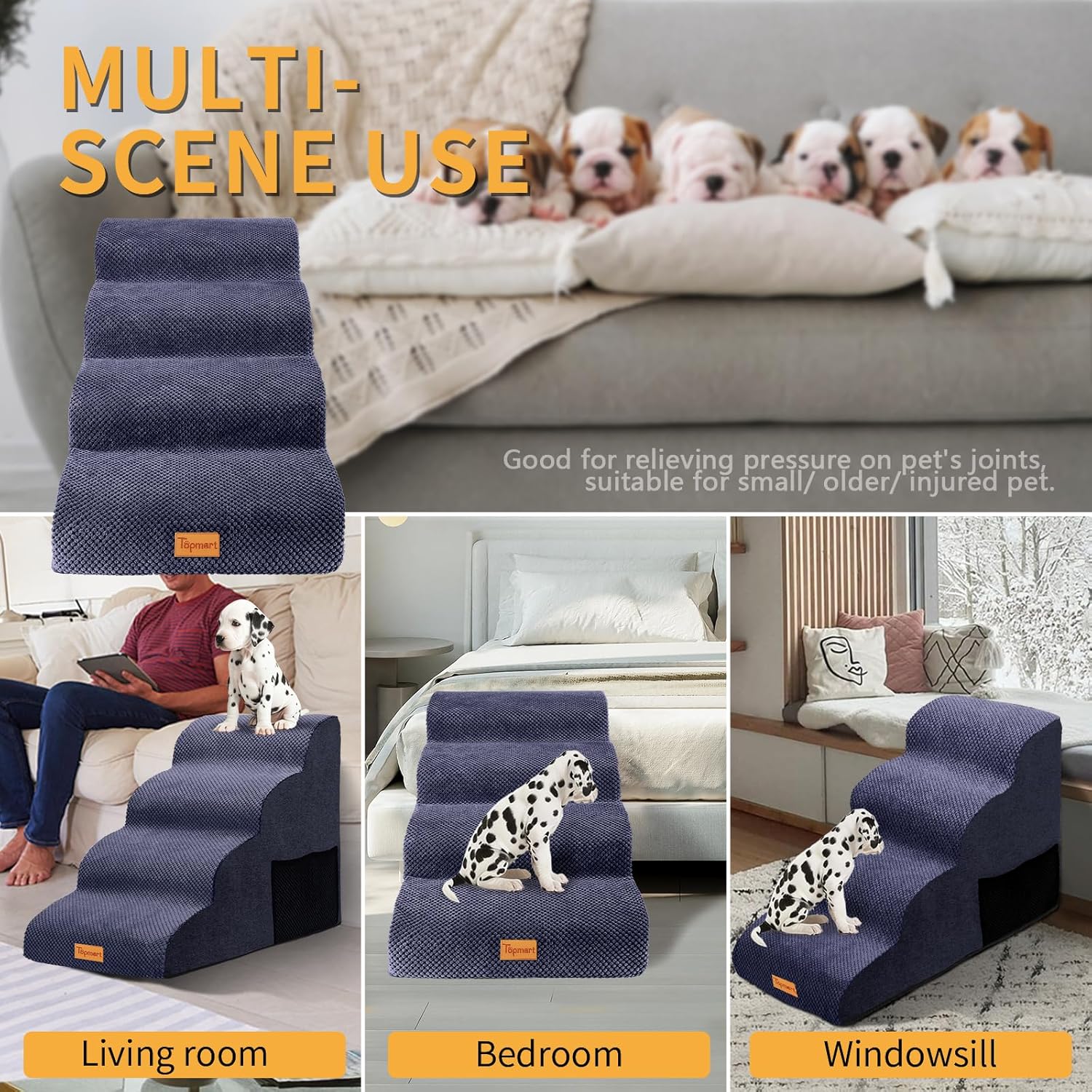 Topmart High Density Foam Dog Steps 4 Tiers,Extra Wide Deep Pet Steps,Non-Slip Dog Stairs Ramp for Bed,Soft Foam Cat Ladder,Best for Older Injured,Older Pets,Cats with Joint Pain - Pet Explorer