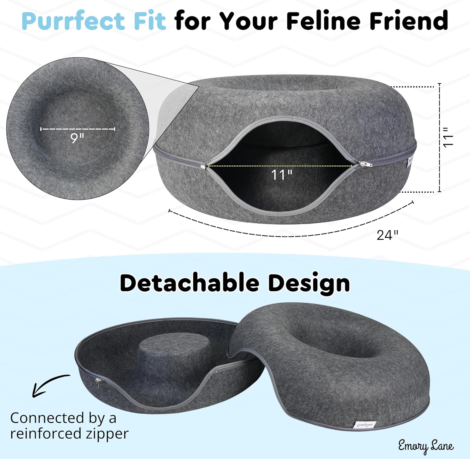 Emory Lane - Premium Cat Cave, Multifunctional Donut Tunnel Bed, Round Felt Cave with Zipper, for Pets up to 40 Lbs (24x24x11 Inch) (Dark Gray) - Pet Explorer