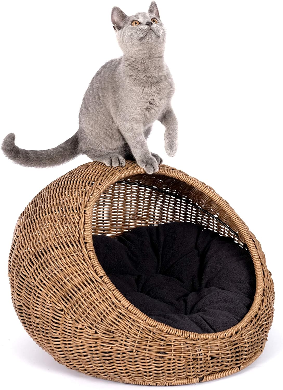 D+GARDEN Wicker Cat Bed Dome for Medium Indoor Cats - a Covered Cat Hideaway Hut of Faux Rattan Houses Pets in Dome Basket, Washable - Pet Explorer