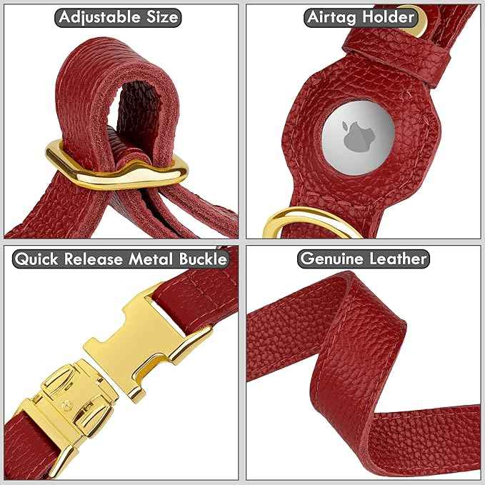 Leather Airtag Dog Collar - Soft Tracking Dog Collar with Apple AirTag Holder and Metal Buckle - Safety GPS Pet Collars for Small Medium Large Dogs Puppy Pink Red (Red, S, 12"-15" Neck Fit)