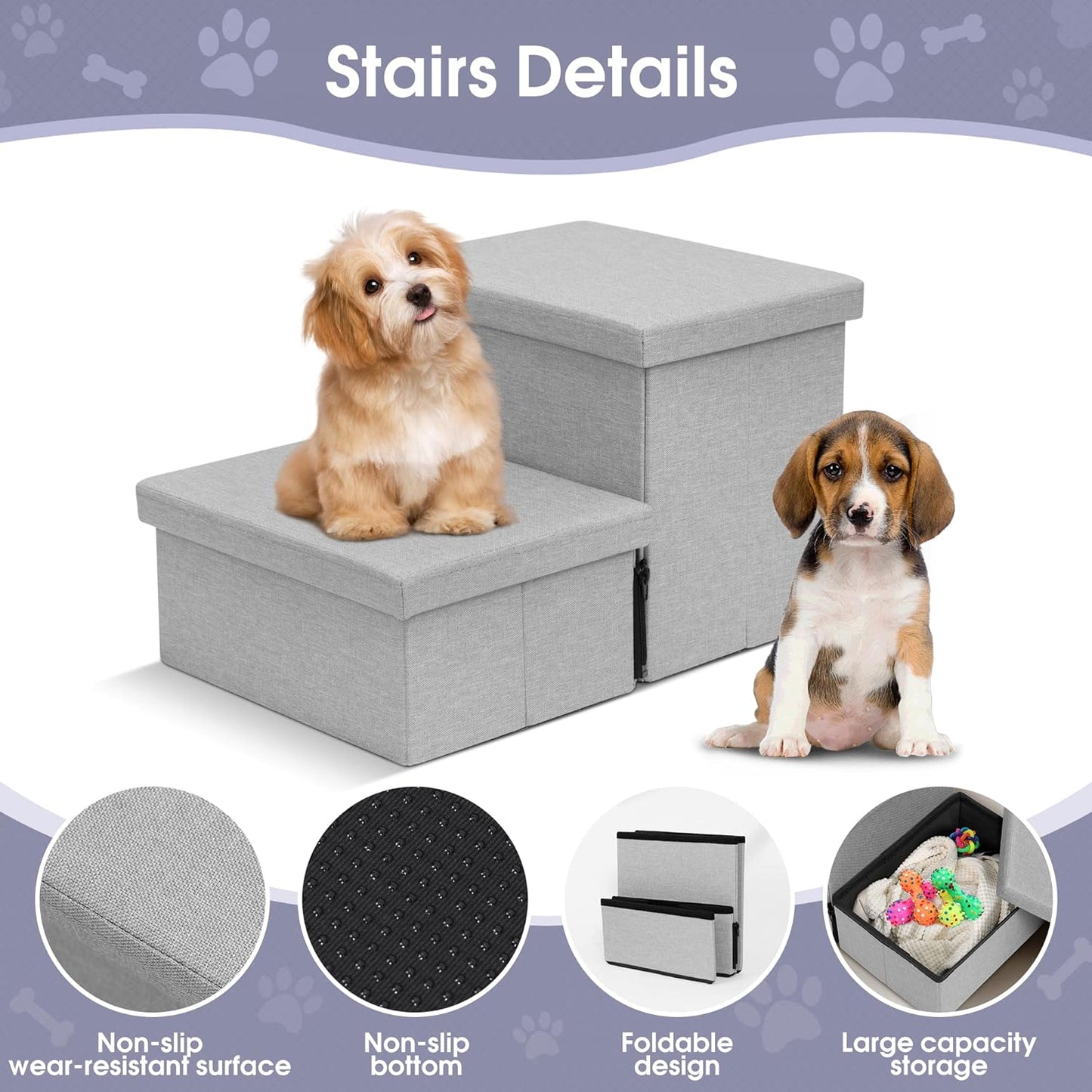 Heeyoo Dog Stairs with Storage, Foldable Dog Steps for Small Dogs, 2 Tiers Non-Slip Pet Stairs for High Beds Or Couch and Sofa, Hold up to 150 lbs Pet Doggy Cat - Pet Explorer