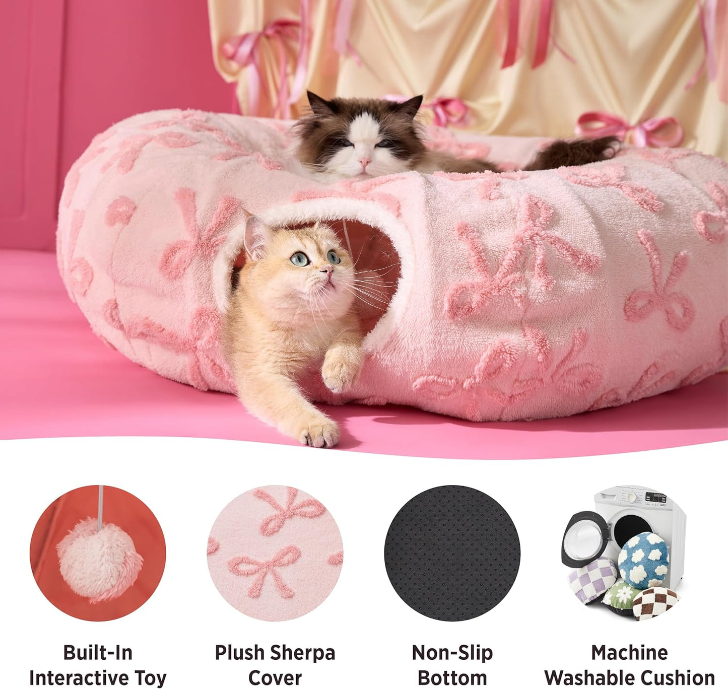 Lesure Cat Tunnel Bed for Indoor Cats - Cute Cat Donut Tunnel Toys with Washable Circle Cushion, Round Pet Peekaboo Cave Toy for Kitten/Puppy/Rabbit, Standard Pink Taffy - Pet Explorer