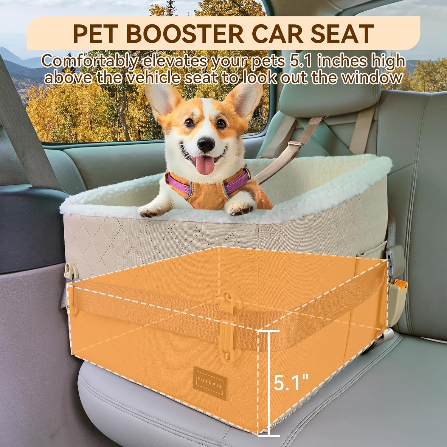 PETSFIT Small Dog Booster Car Seat, Soft Foam Puppy Carseat with Patented Safety Buckles, Storage Pockets and Detachable Clip-On Safety Leash, Dog Car Booster Seat for Medium Pet Under 30 LBS (Khaki) - Pet Explorer