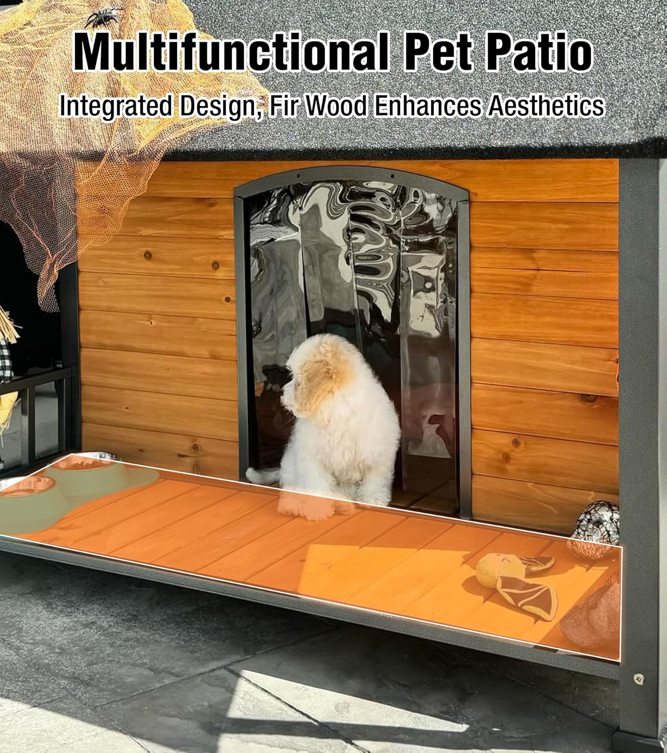 Extra Large Dog House Outdoor for Large Dogs, Insulated Dog House with Metal Frame, Waterproof Dog Shelter with Asphalt Roof, PVC Curtain & Multifunctional Patio, Indoor Outdoor Use - Pet Explorer