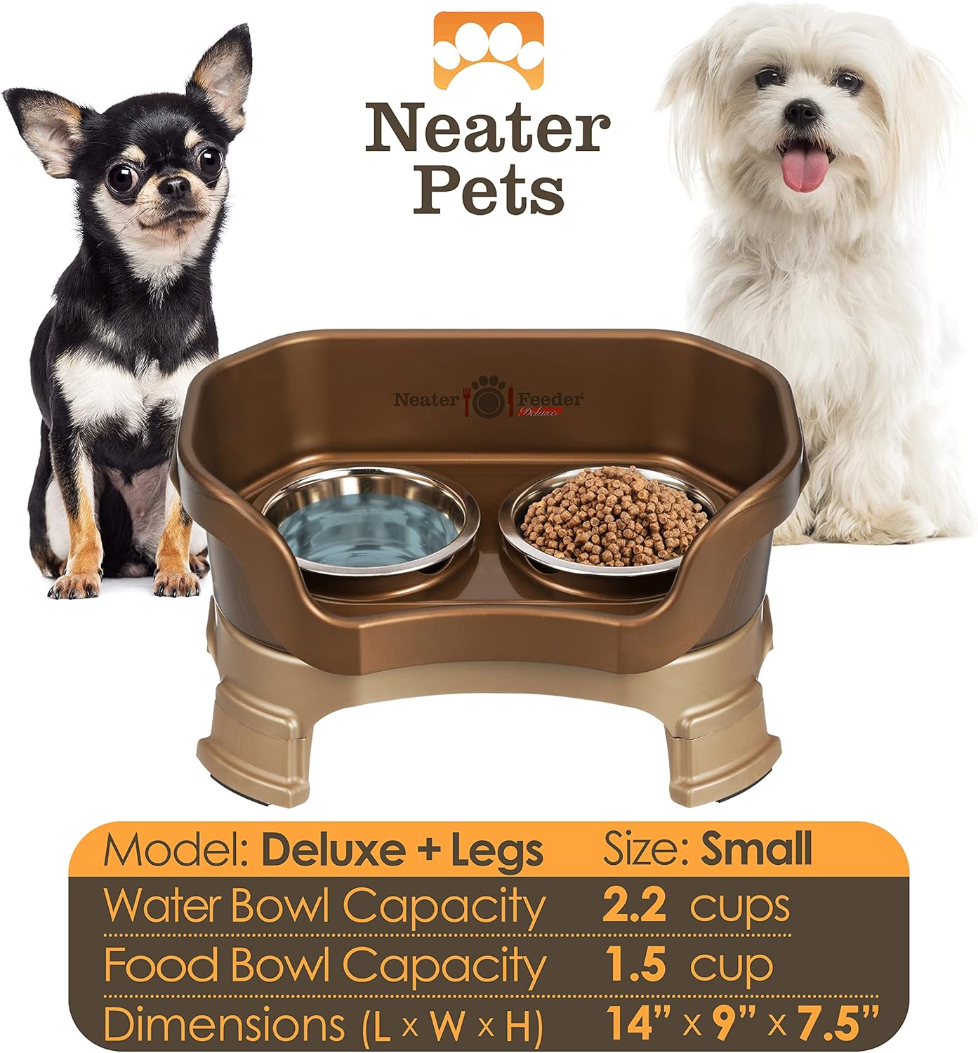 Neater Feeder Deluxe Mess Proof Dog Bowls Elevated for Small Breeds – Made in USA – No Spill Raised Dog Food Bowl Stand w/Leg Extensions – Stainless Steel Dog Food and Water Bowl Set – Bronze - Pet Explorer