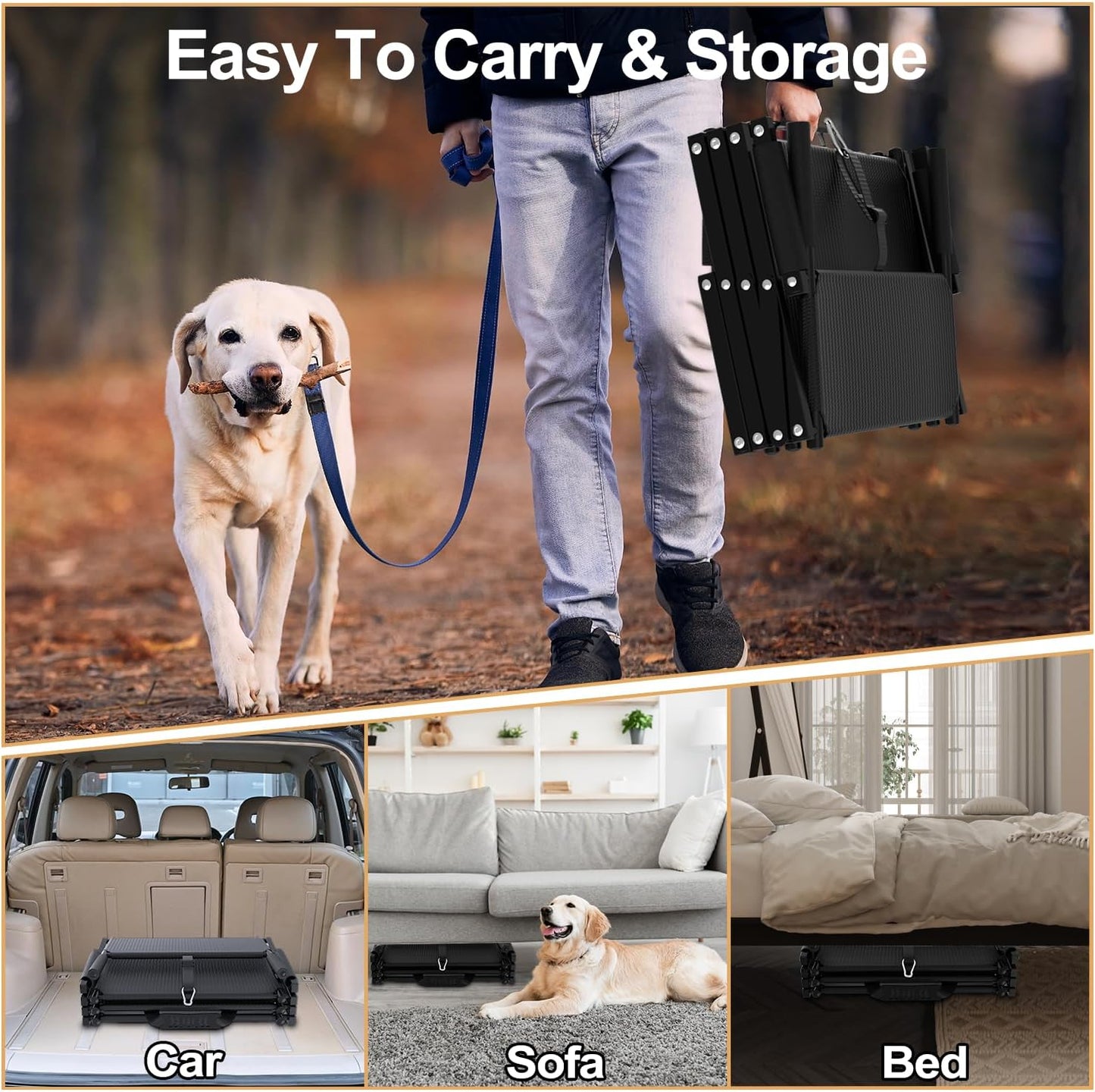 Extra Wide Dog Stairs for Large Dogs, Foldable Dog Ramp for Car with Non-Slip Surface, Lightweight Dog Stairs for Cars, Dog Steps for Cars, SUV, High Beds, Truck, Supports up to 250 lbs, 4 Steps - Pet Explorer