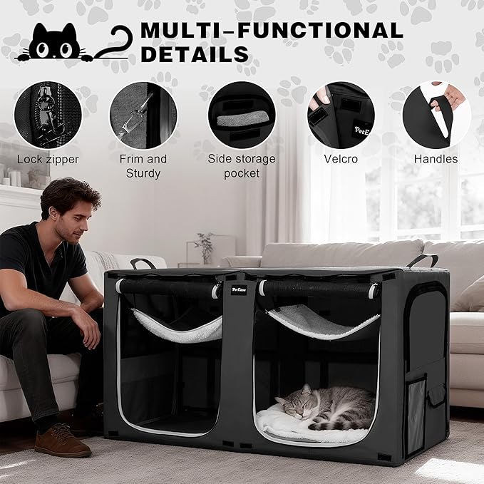 Huge Sapce Double Compartment Cat Travel Carrier with Litter Box & Homack | Cat Show Kennel Cage Crate with Mat & Water Bottle