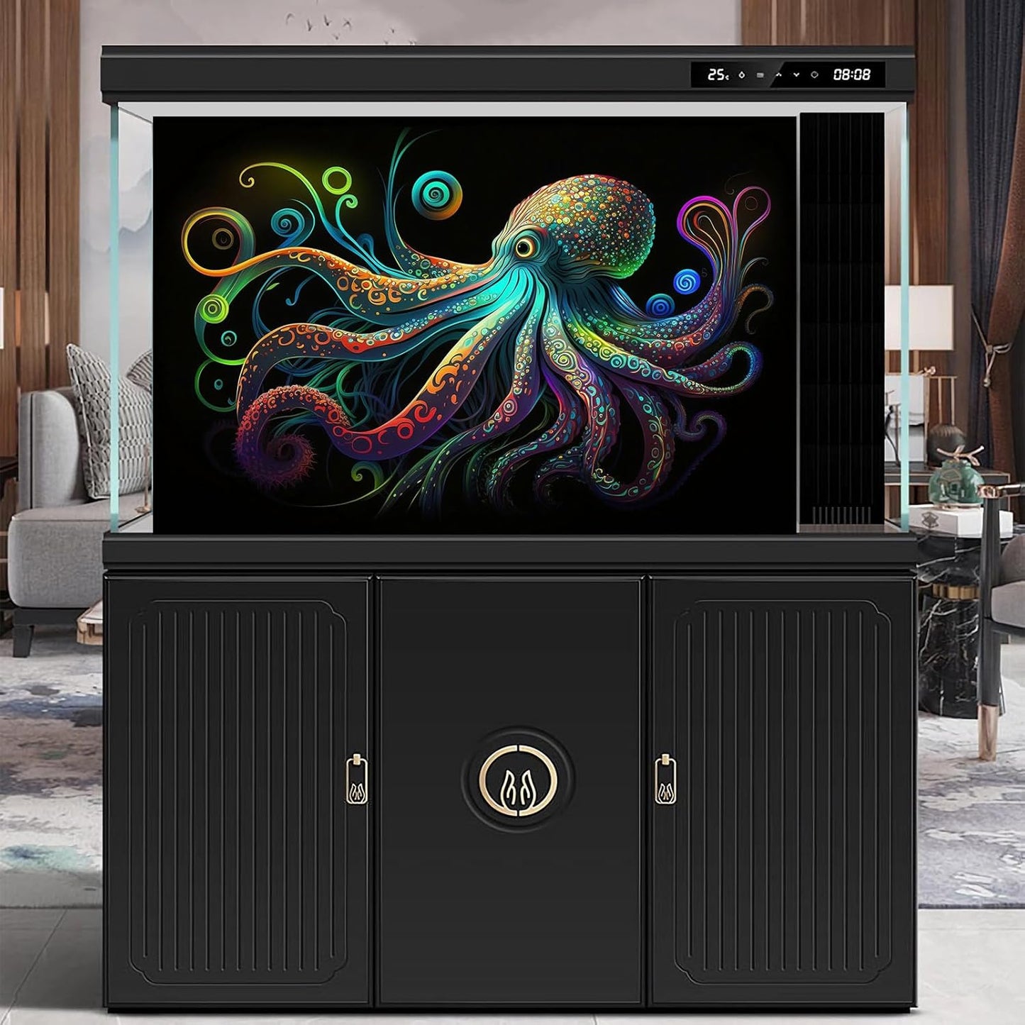 Octopus Aquarium Background Exquisite Colorful Octopus Terrarium Background Glowing Octopus on Black Background Fish Tank Backdrop Octopus Backdrops Poster Wallpaper Decorations Vinyl 48x18in - Pet Explorer