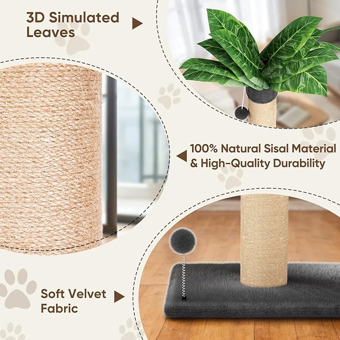 XiaZ Cat Scratching Post 34'' Tall, Heavy Duty Cat Tree Tower for Indoor Kitty with Extra Wide 15.8" Stable Base and 2 Toy Balls, Natural Sisal & Plush Fabric for Small, Medium Cats(Dark Gray, 2.8in)