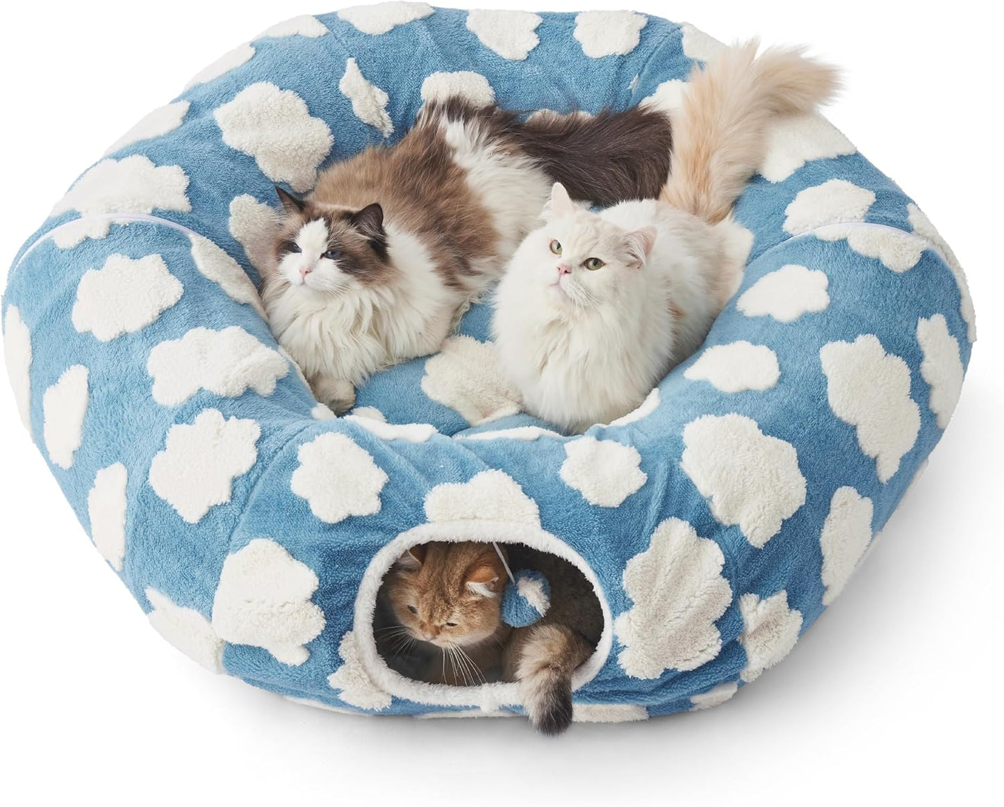 Lesure Large Cat Tunnel Bed - Cute Donut Bed for Indoor Cats with Washable Circle Cushion, Round Pet Peekaboo Cave Toy for Multi Kitten/Puppy/Rabbit, Large Blue - Pet Explorer