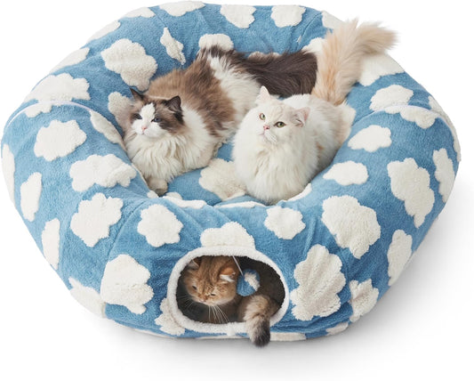 Lesure Large Cat Tunnel Bed - Cute Donut Bed for Indoor Cats with Washable Circle Cushion, Round Pet Peekaboo Cave Toy for Multi Kitten/Puppy/Rabbit, Large Blue - Pet Explorer
