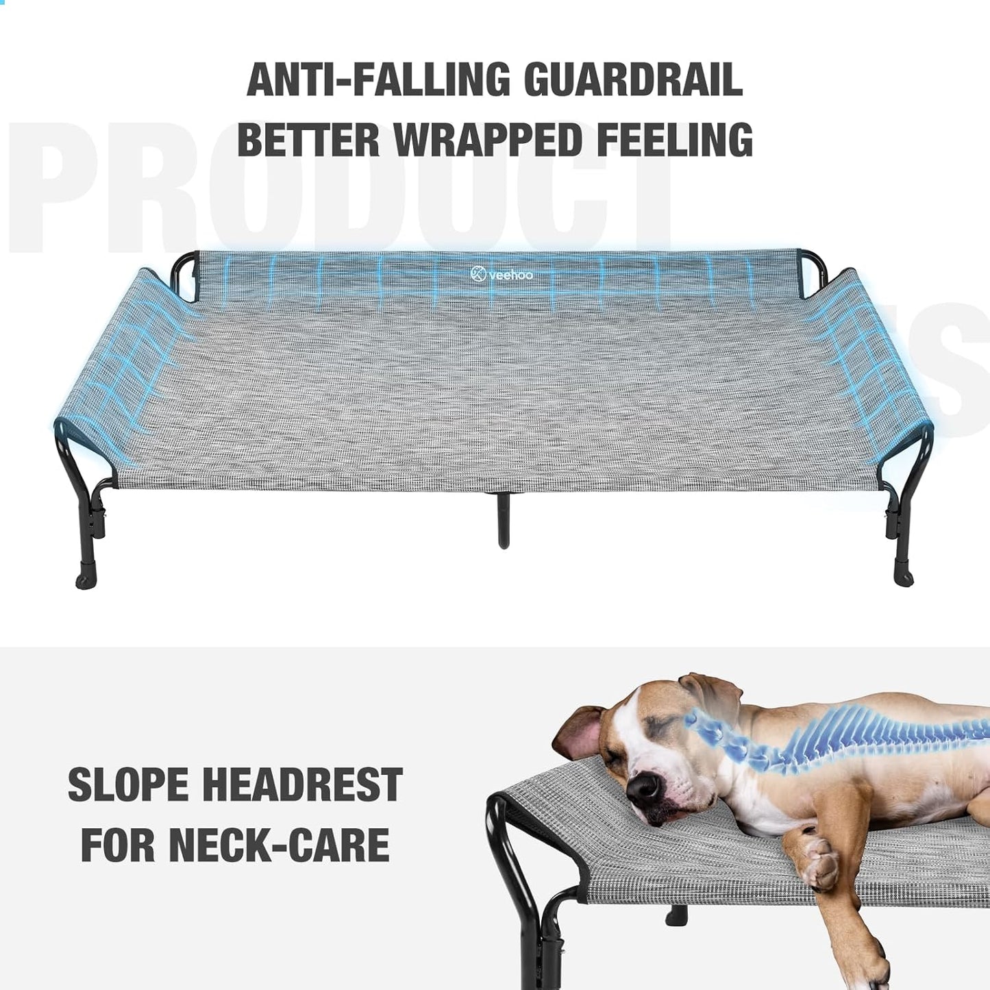 Veehoo Cooling Elevated Dog Bed, Guardrail Raised Pet Cot, Indoor & Outdoor XXL Pet Bed with Washable & Breathable Teslin Mesh, Non-Slip Feet, Dog Couch Bed, 62.5" x 37", Black Silver - Pet Explorer