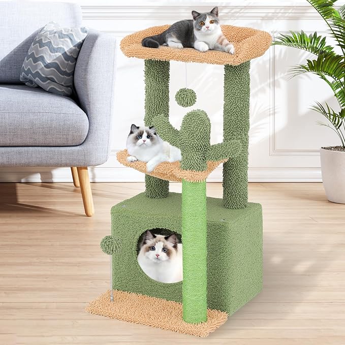 Magshion 33" Cactus Cat Tree for Indoor Cats, Multi-Level Cat Tower with Scratching Posts, Top Perch, Platforms and Hanging Balls, Fun Climbing Playhouse for Kittens and Adults