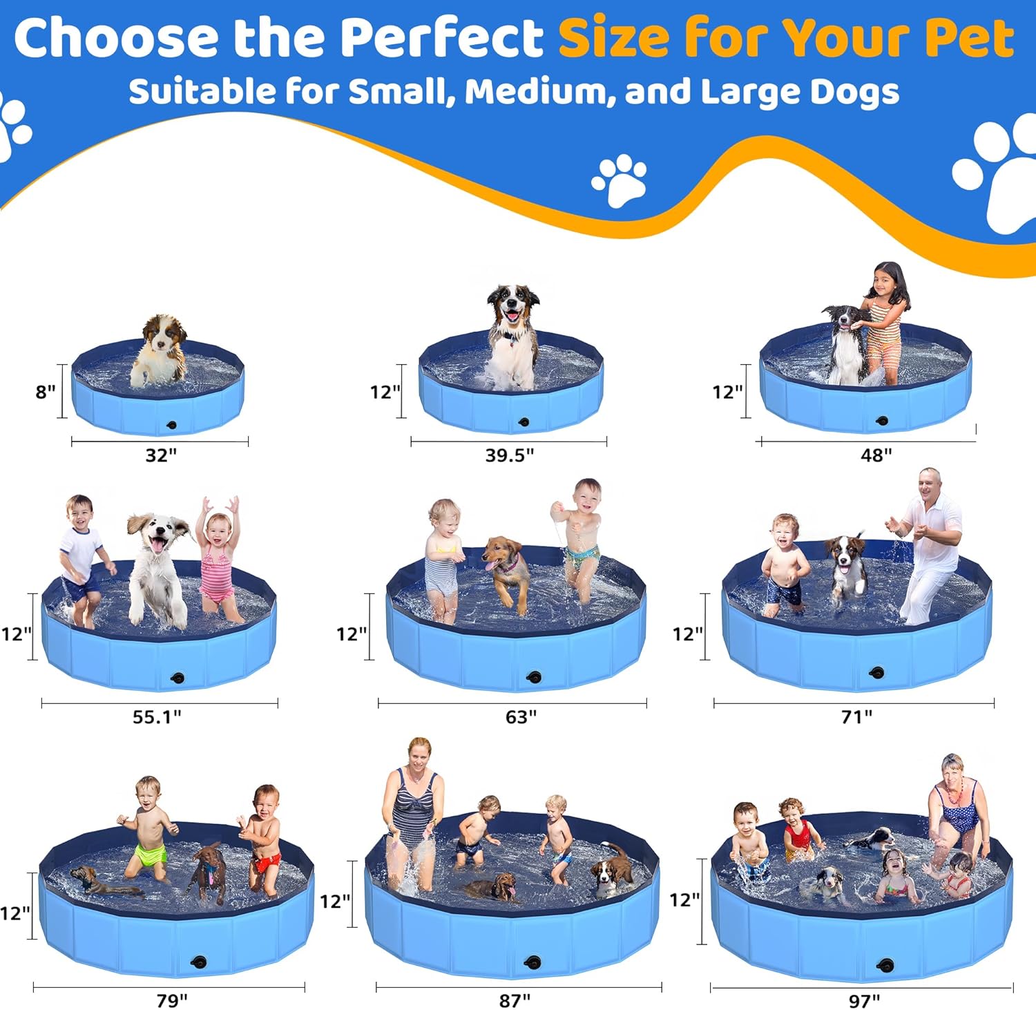 87" x 12" Foldable Dog Pool - Collapsible Hard Plastic Kiddie Pool for Dogs & Kids, Non-Slip Pet Bath Tub for Outdoor Backyard Use, Lightweight & Portable (Blue) - Pet Explorer