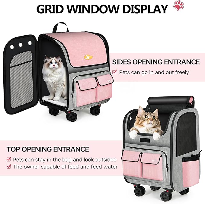 MGB Large Pet Carrier, Foldable Rolling Dog Carrier with Removable Wheels, Cat Rolling Bag 21.3"x15"x12.6" for 2 Cats & 1 Dog for Travel, Outdoor, Vet Visits, Camping, Indoor. Pink. (Not for Airline)