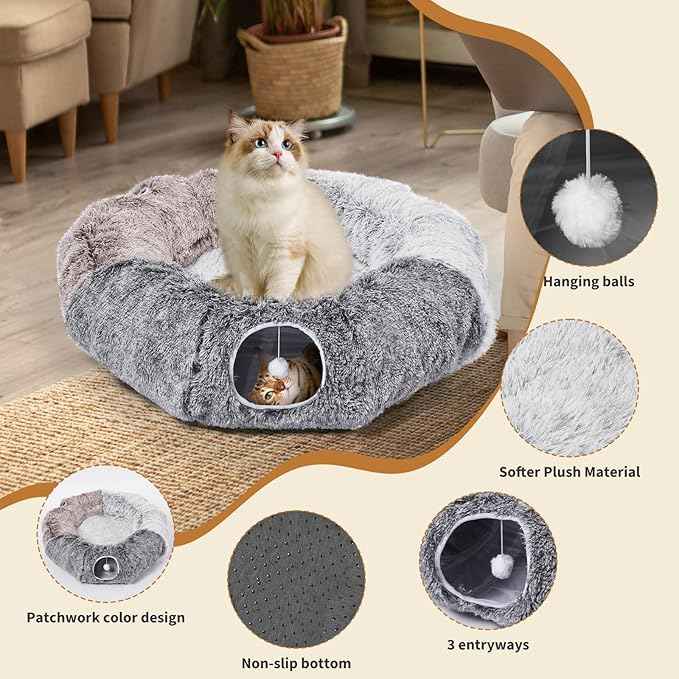 Odoland Large Cats Tunnels for Indoor Cats Fluffy Warm Cat Bed and Detachable Cave Tunnels with 20 Pet Toys, Donut Tunnel and Variety Kitten Toy Set for Chewing Playing