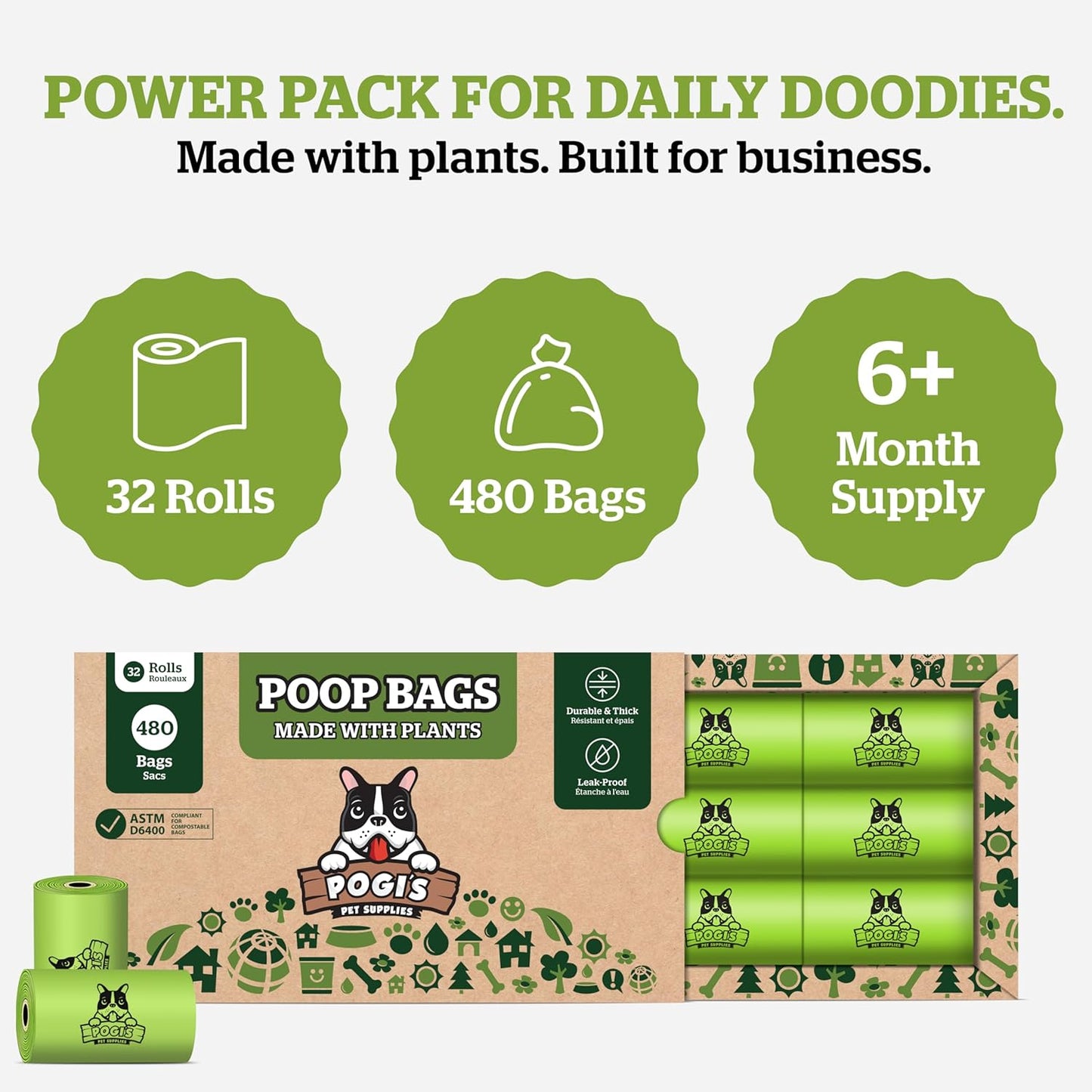 Pogi's Compostable Poop Bags – Leak-Proof, Extra-Large, Made with Plants – 32 Rolls (480 Bags) - Pet Explorer