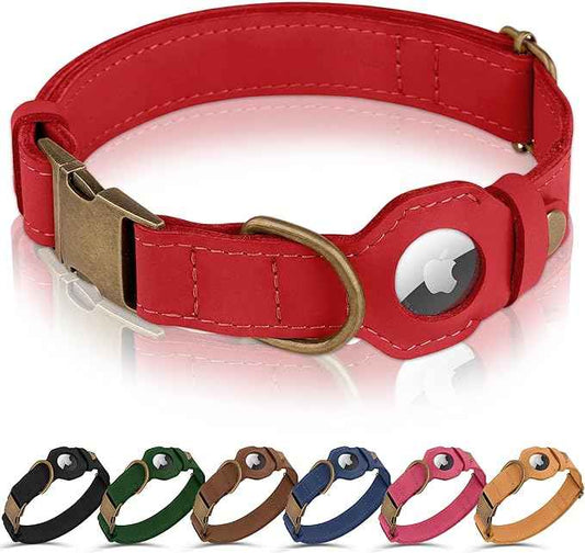 AirTag Dog Collar - Genuine Leather Dog Collar with Apple AirTag Holder and Metal Buckle - Smart GPS Tracking Pet Collars (Red, M, 14"-18" Neck Fit)