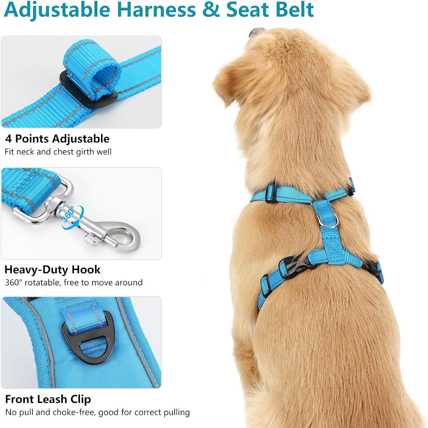 Dog Seat Belt Harness for Car, Dog Car Harness Adjustable Mesh Breathable & Dogs Seatbelt Safety Tether with Elastic Bungee for Small Medium Large Pets(Blue, S) - Pet Explorer