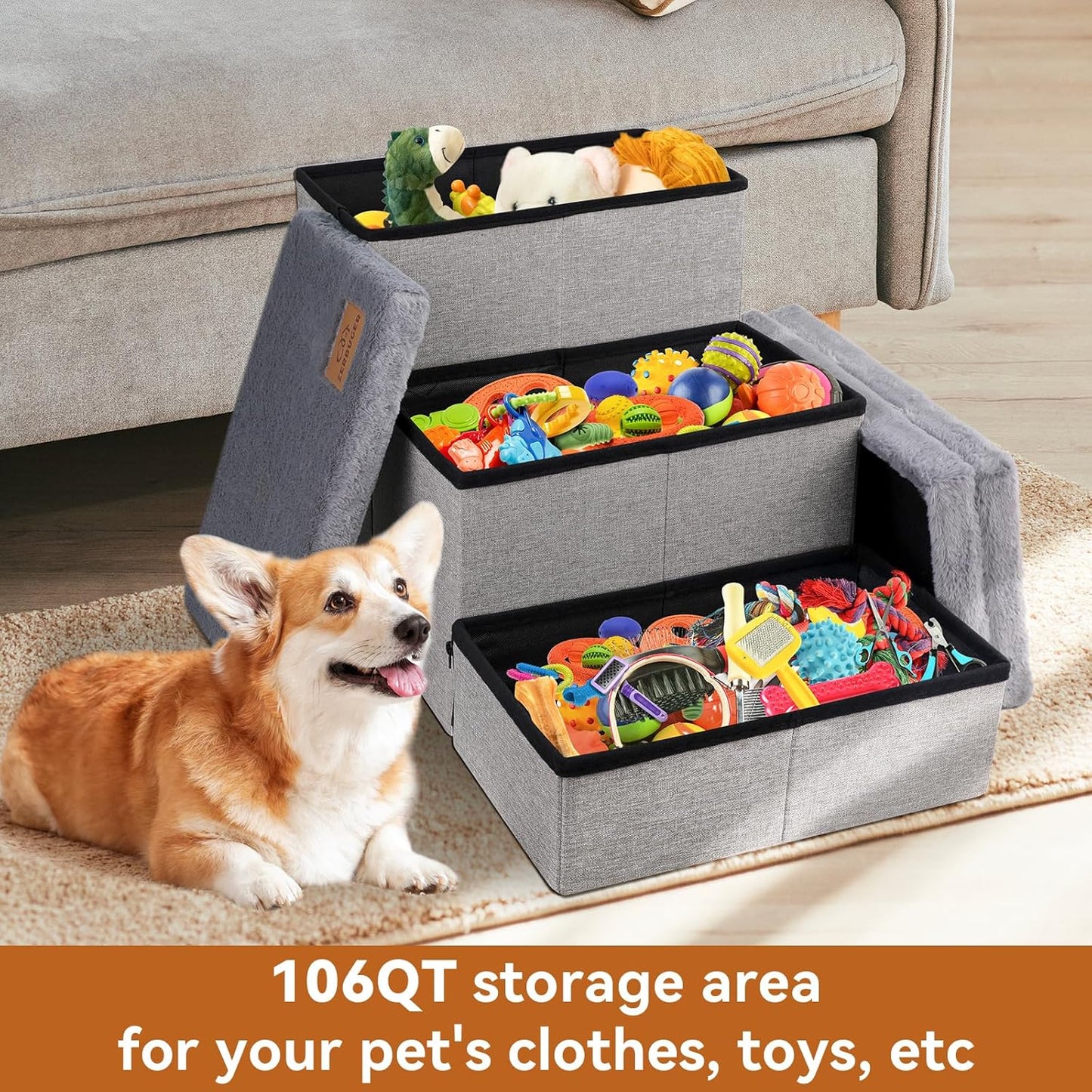 Dog Stairs with Furry Lids 18" H, 3-Step Wider Dog Steps with Storage for Small/Medium/Large Old Dogs Cats, Folding Sturdy Pet Stairs Climbing Bed Couch, Ramp for Car Hold Up to 200 lbs, Grey - Pet Explorer