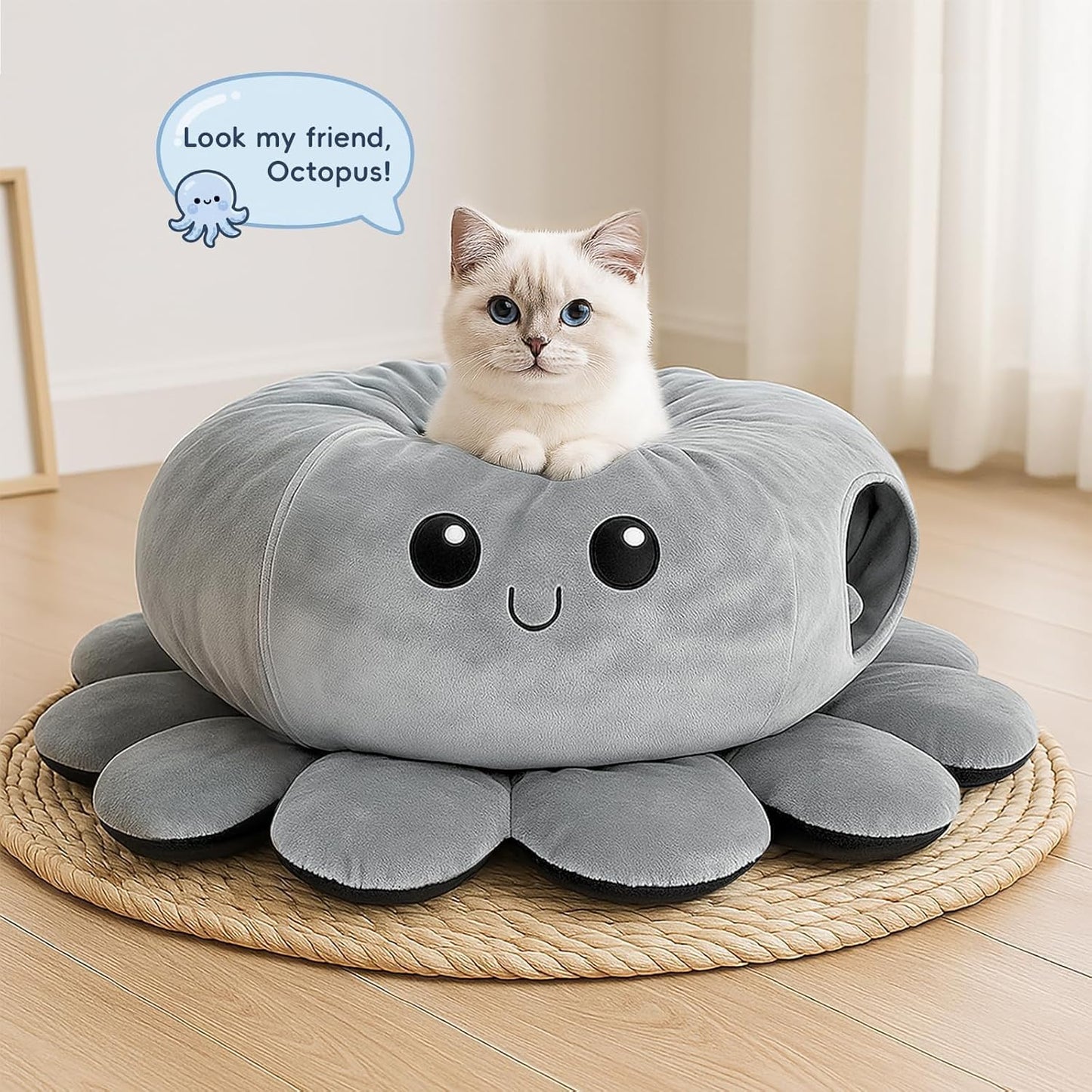 Cat Tunnel Bed for Indoor Cats, Peekaboo Cat Cave Bed,Soft Cat Donut Tunnel for Kitten Large Cats, Cute Green Octopus Shaped - Pet Explorer
