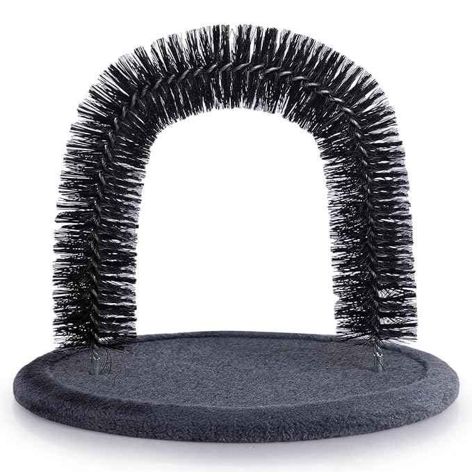 Hollypet Self Grooming Massager and Scratcher Toy - Cat Arch Brush for Back Grooming, Hair Cleaner Pads, Dark Gray