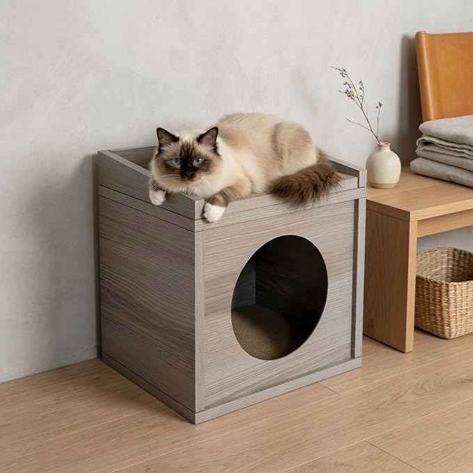 Meowdium Cat House – Cat Condo with Cardboard Scratcher, Scratching Post, Bed & Toy Storage, Cozy Cat Furniture & Accessories for Indoor Cats, Greywood