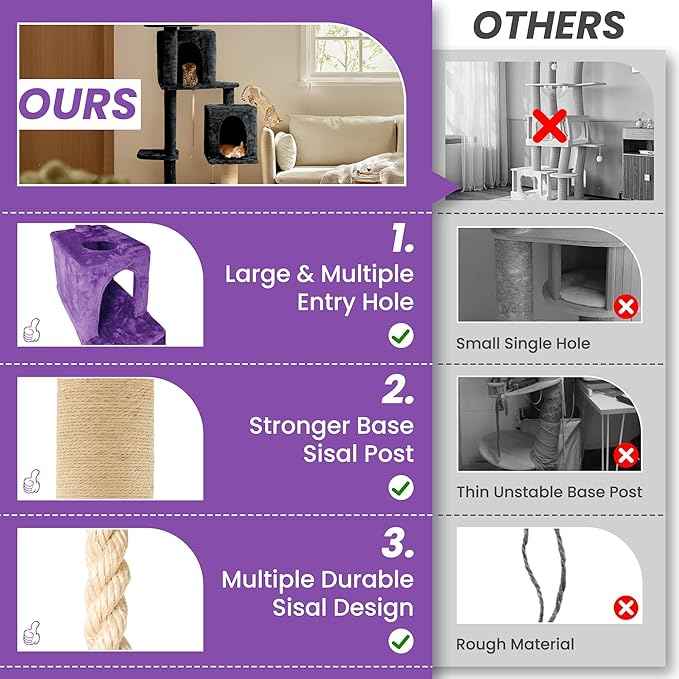58in Large Cat Tree Tower for Indoor Cats with Soft Plush Hang Ball, Two Condos, Sisal Scratch Posts & Rope Play for Kittens/Adult Cats, Purple