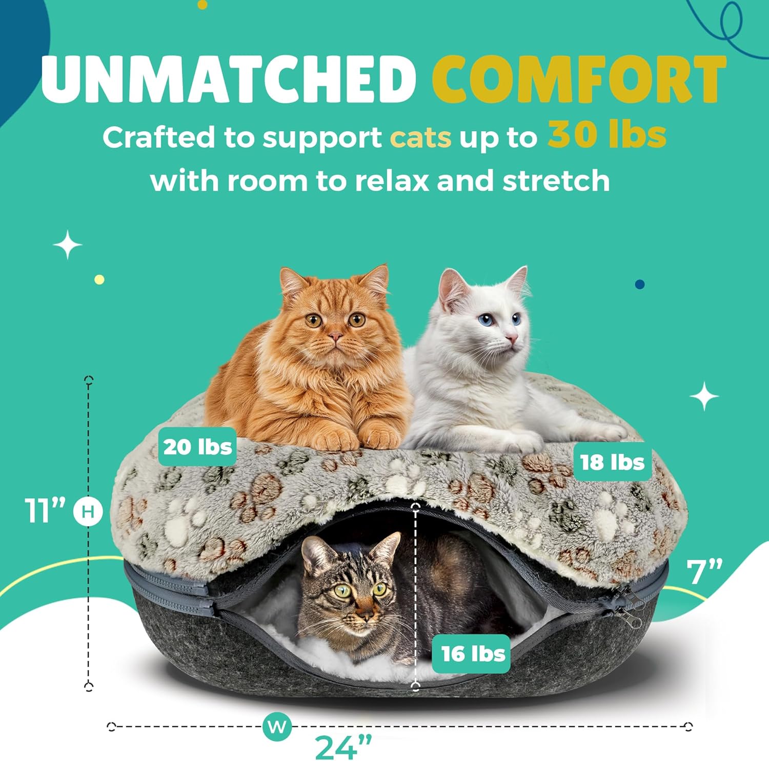 RINGTAIL Peekaboo Cat Cave - Cat Caves for Indoor Cats, Cat Donut Tunnel Bed, Kitten Beds Felt, Cat Bed Cave Square with Two Fluffy Fleece Cushion, Nest Cove Scratch-Resistant Detachable & Washable - Pet Explorer